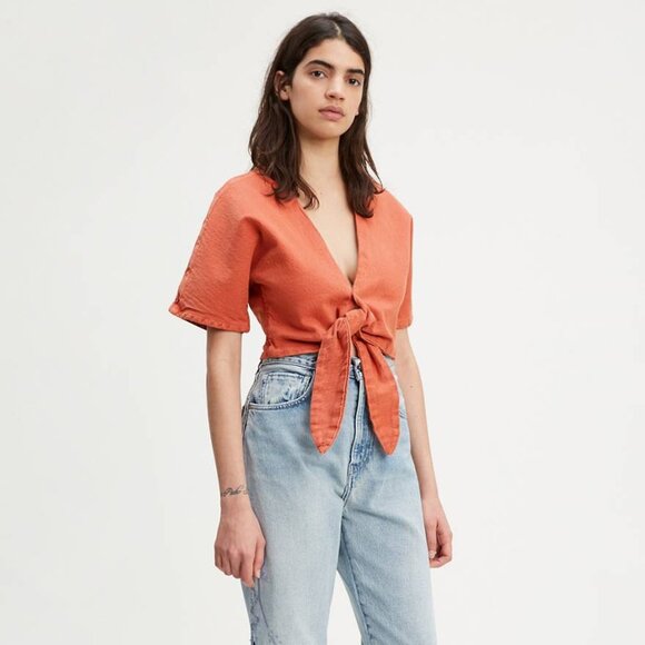 Levi's La Playa Top Rust Red Terracotta Orange Short Sleeve Tie Front Top XS - Picture 1 of 8